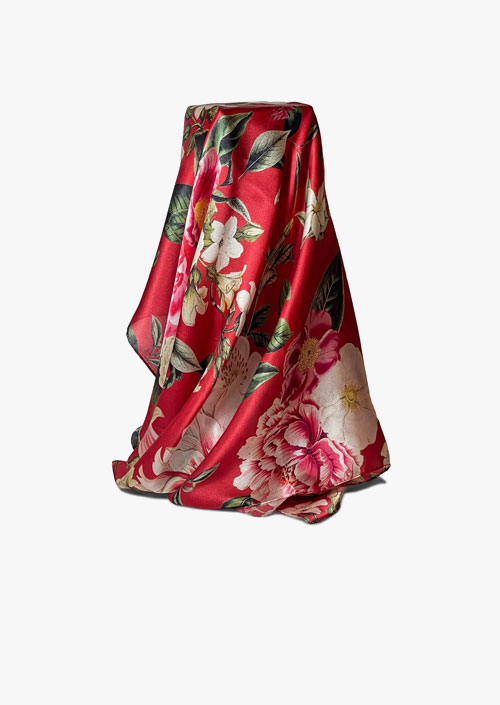Square silk satin scarf with floral design on burgundy color