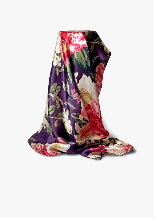 Square silk satin scarf with floral design on aubergine background