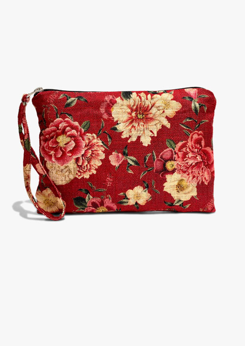 Viscose and linen blend case, maroon and reddish tones with floral design