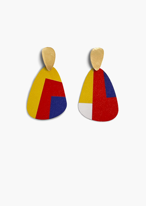 Oval earrings, composition in primary colors inspired by the Bauhaus school